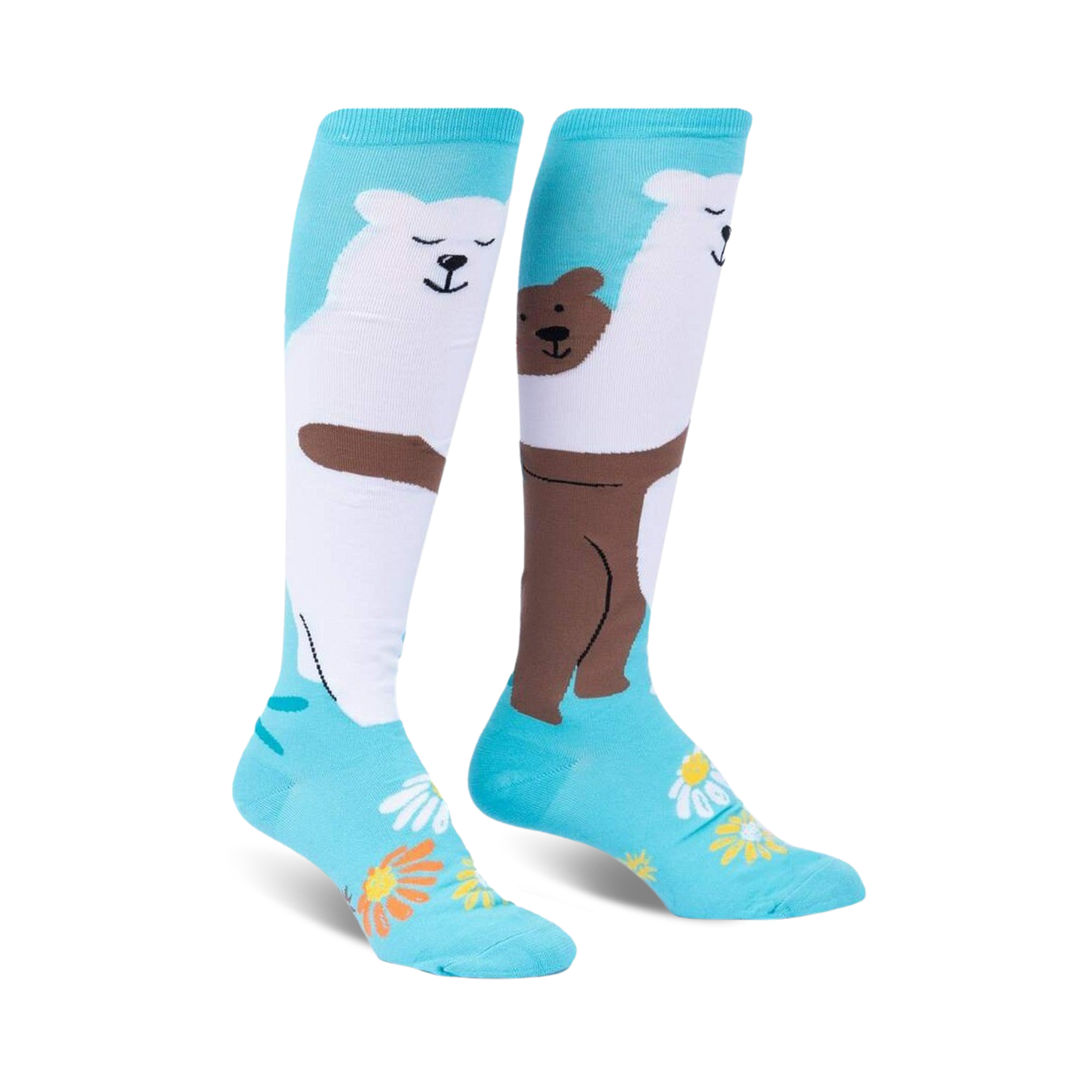 Pair of knee-high socks; teal background with white polar bear and brown bear hugging; daisies at the bottom.