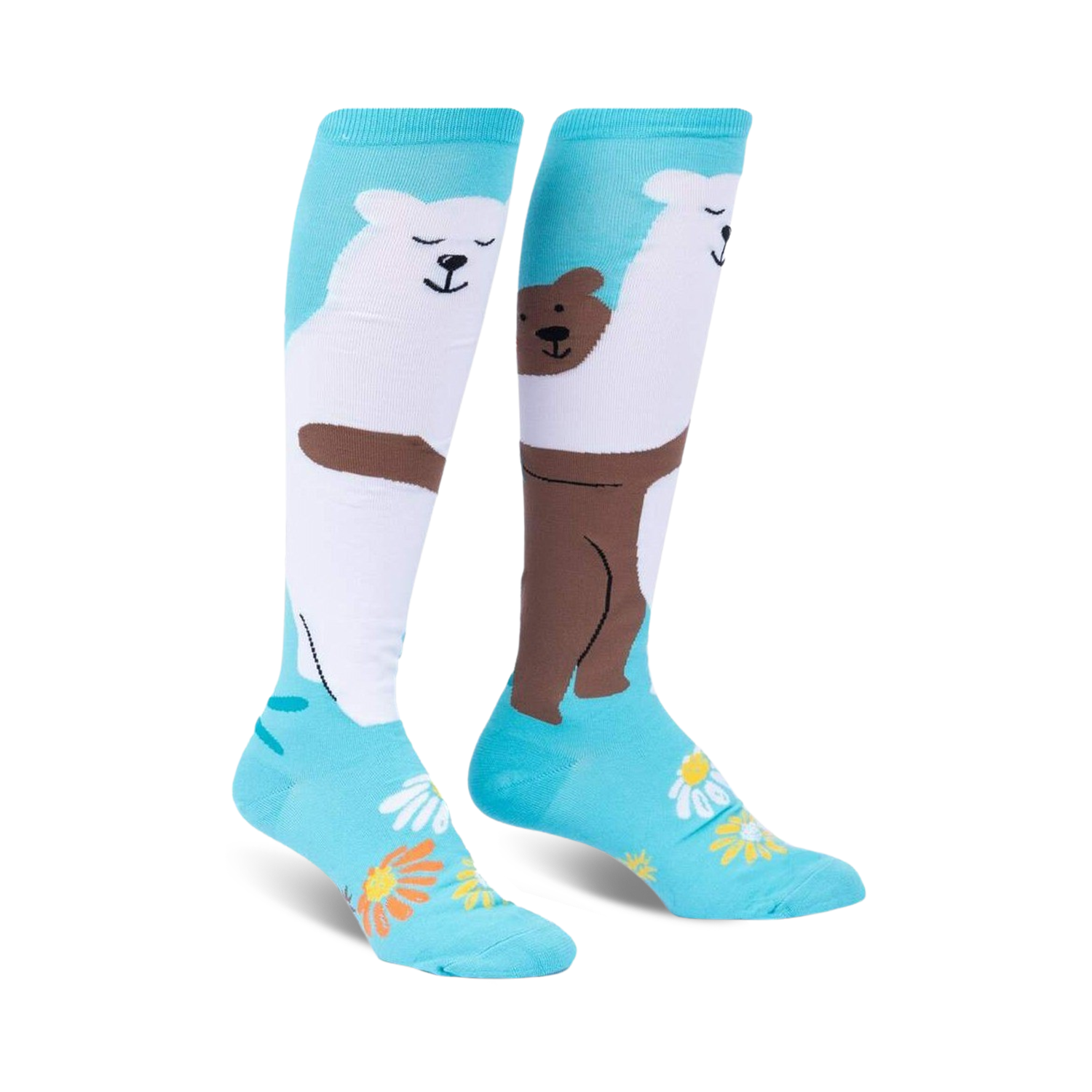 Pair of knee-high socks; teal background with white polar bear and brown bear hugging; daisies at the bottom.
