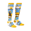 Pair of women's knee-high socks. Yellow, white, and blue stripes with bee, sunflower, and honey pot designs.