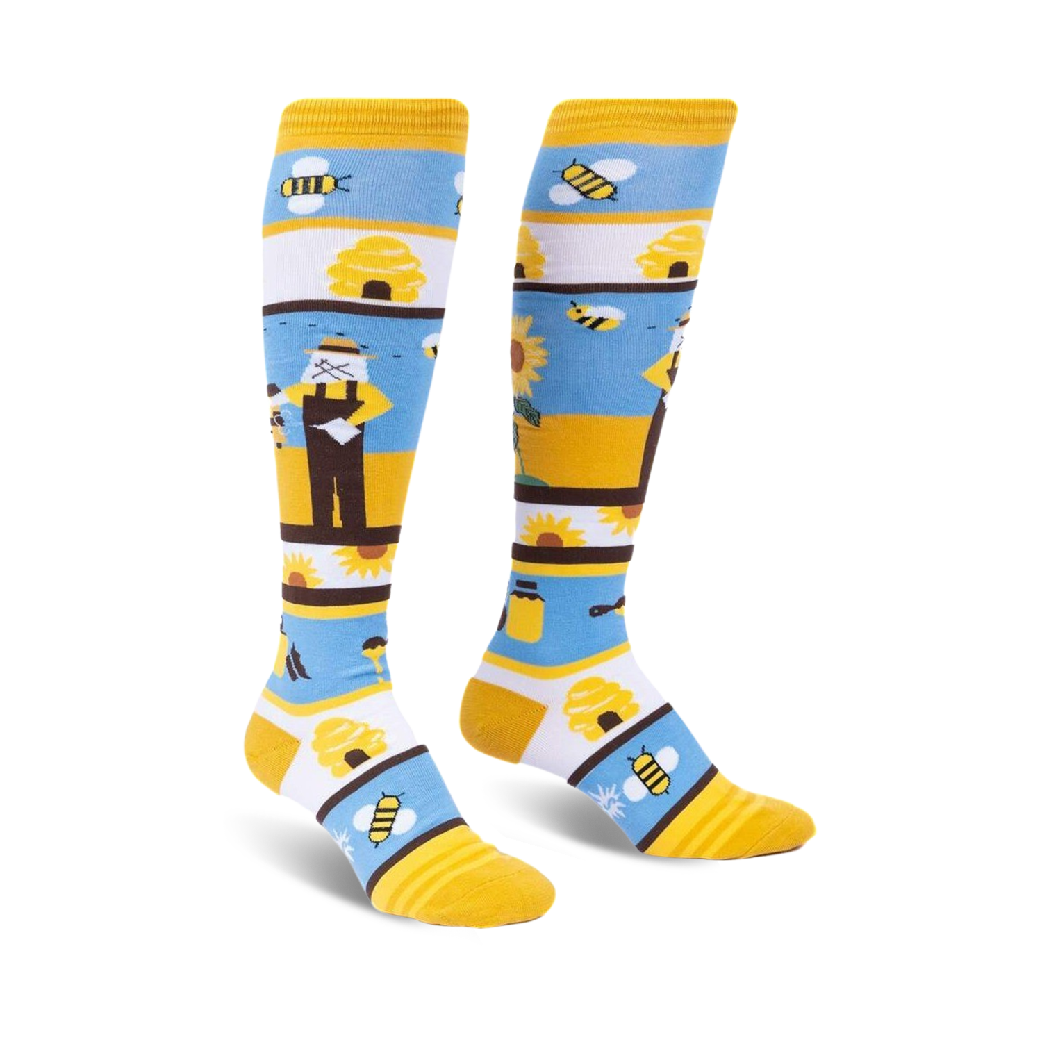 Pair of women's knee-high socks. Yellow, white, and blue stripes with bee, sunflower, and honey pot designs.