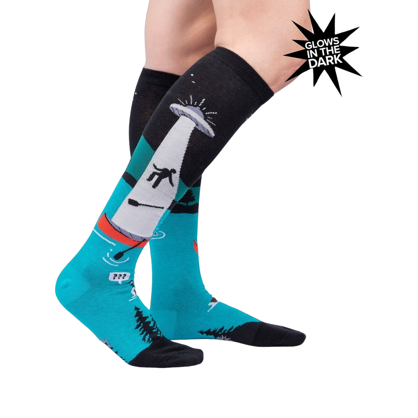 Lifestyle photo showcasing the 'Out of Boaty Experience' glow-in-the-dark socks on a model's legs.