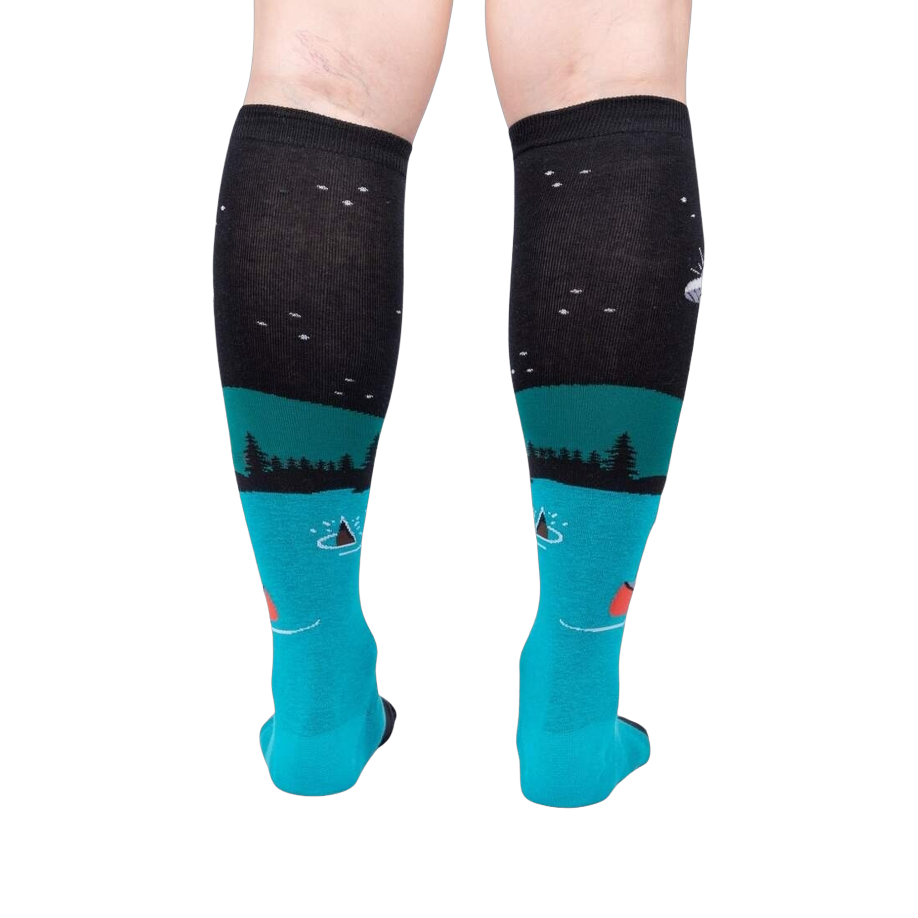 Rear view of the socks highlighting the full design. The socks are teal and black and glow in the dark.