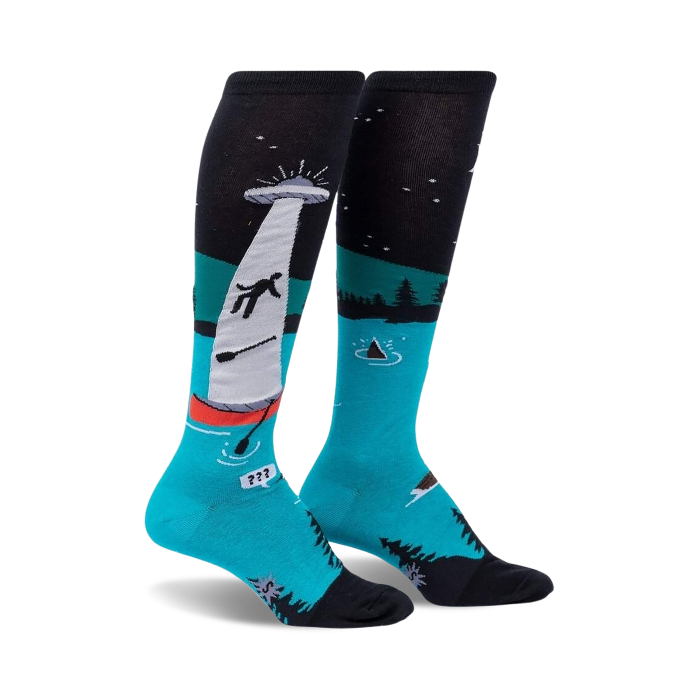 Pair of teal and black knee-high socks depicting a humorous alien abduction scene on a lake at night.  The socks glow in the dark.