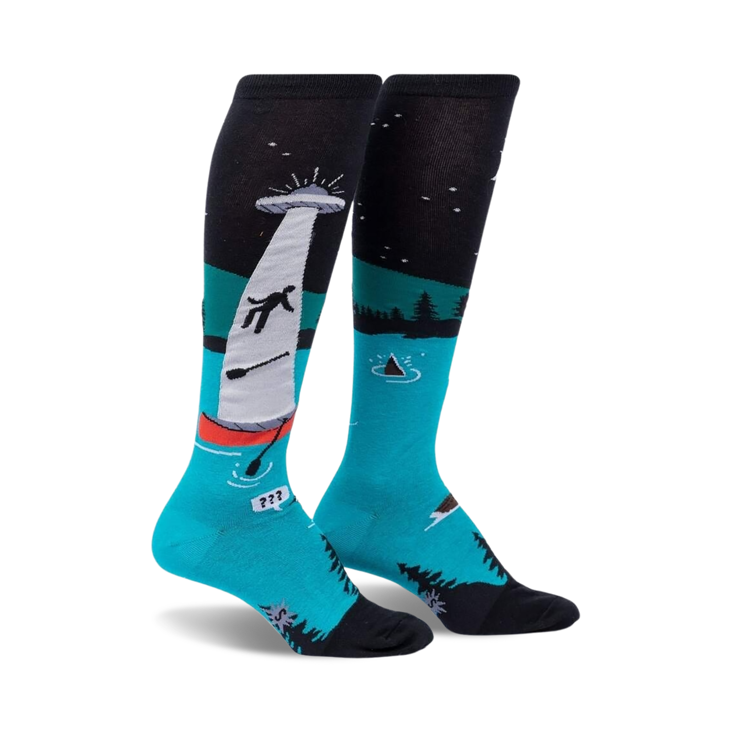 Pair of teal and black knee-high socks depicting a humorous alien abduction scene on a lake at night.  The socks glow in the dark.