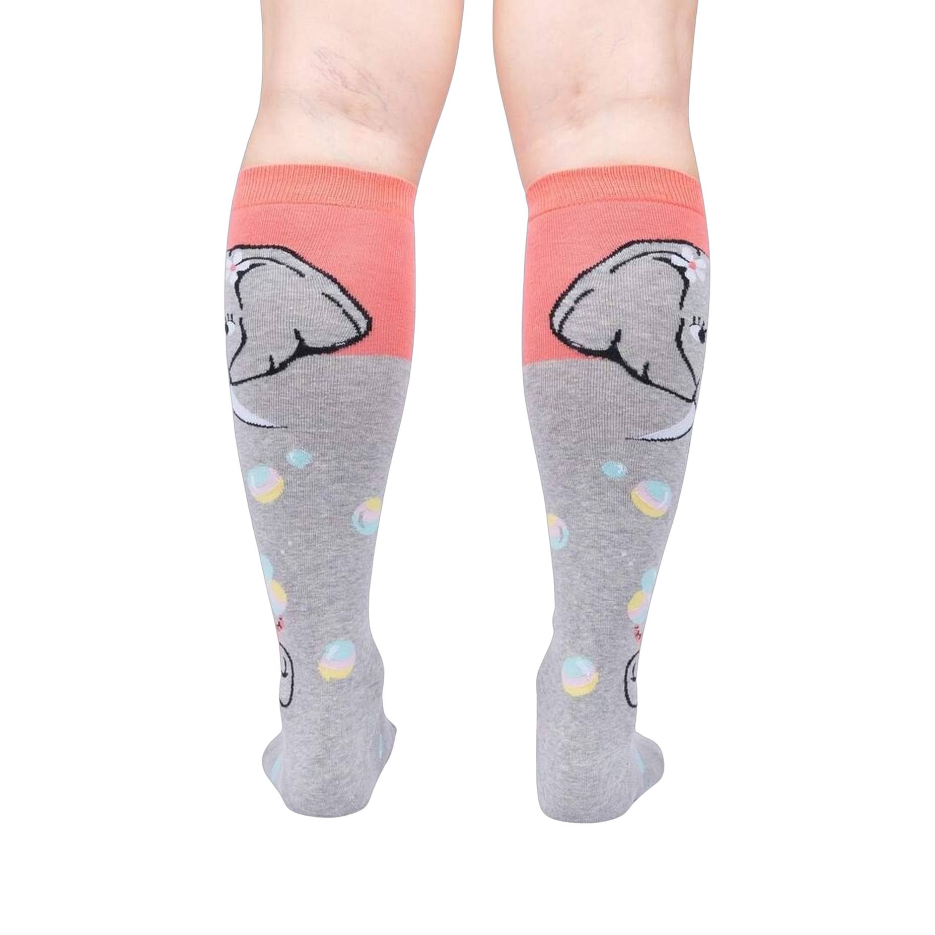 Rear view of a pair of grey and coral knee-high socks with an elephant and bubble design.