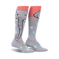 Pair of grey and coral knee-high socks featuring a cute elephant design blowing bubbles. Pastel colored bubbles are scattered across the socks.