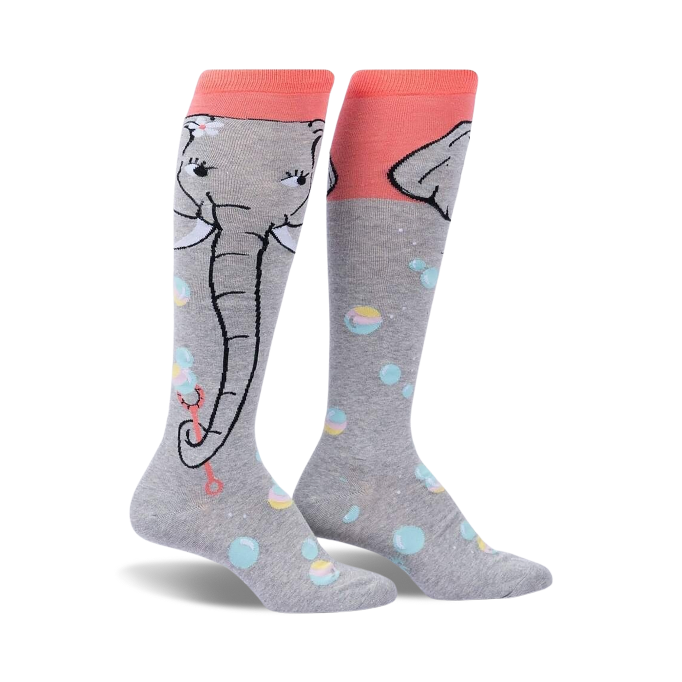 Pair of grey and coral knee-high socks featuring a cute elephant design blowing bubbles. Pastel colored bubbles are scattered across the socks.