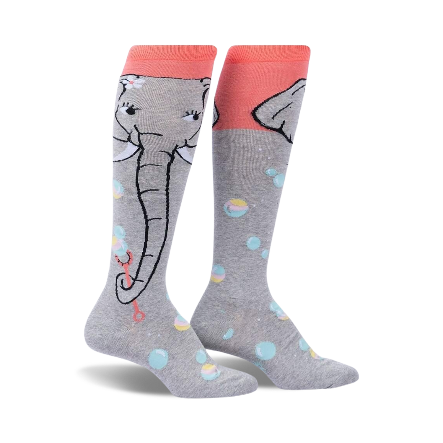Pair of grey and coral knee-high socks featuring a cute elephant design blowing bubbles. Pastel colored bubbles are scattered across the socks.