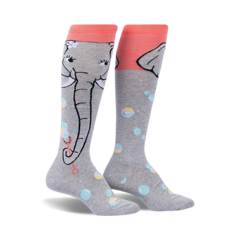 gray knee-high women's socks with pink and blue bubbles and elephants blowing bubbles. pink cuff.  