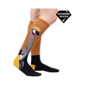Lifestyle shot showing the Crowned Crane Shimmer socks on a model's legs.