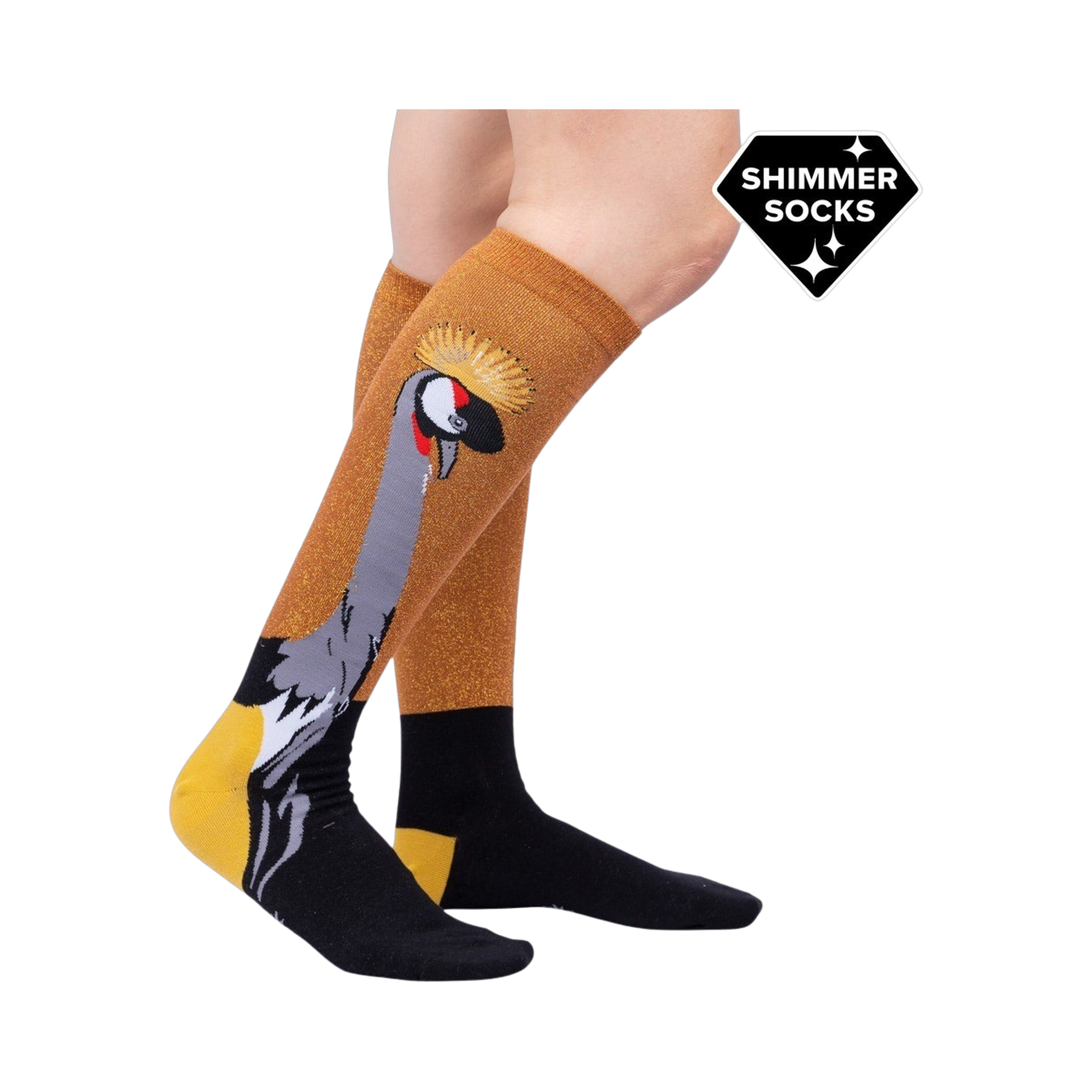 Lifestyle shot showing the Crowned Crane Shimmer socks on a model's legs.