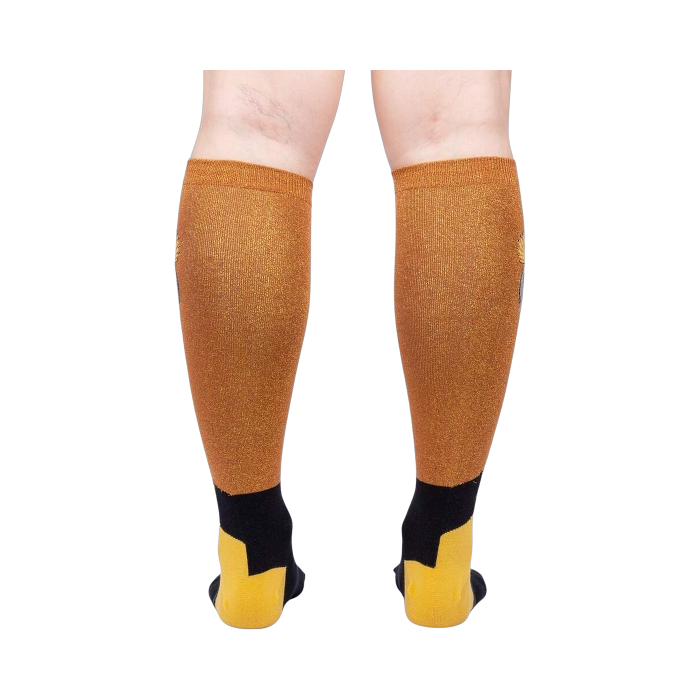 Rear view of the Crowned Crane Shimmer knee-high socks on a model's legs.