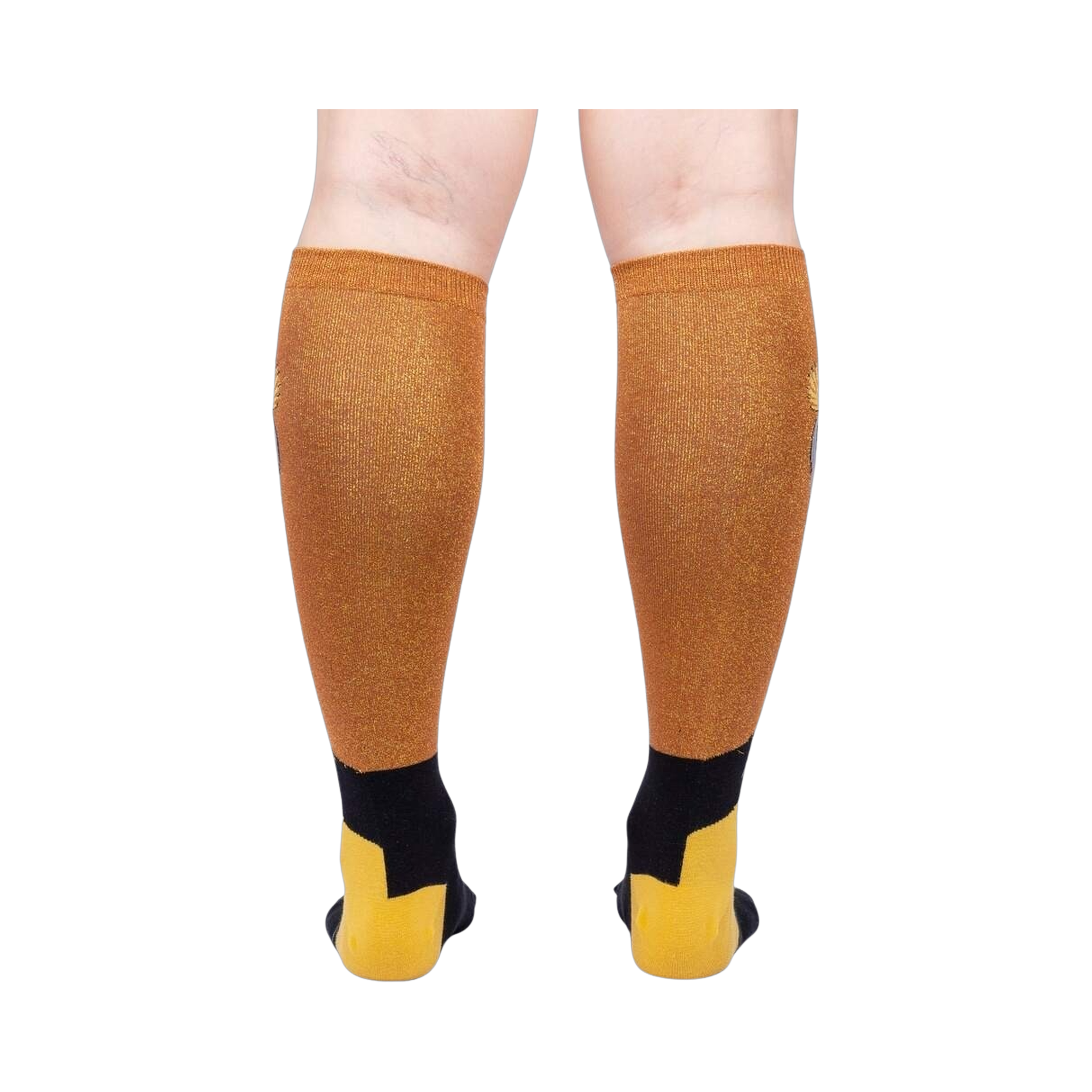 Rear view of the Crowned Crane Shimmer knee-high socks on a model's legs.
