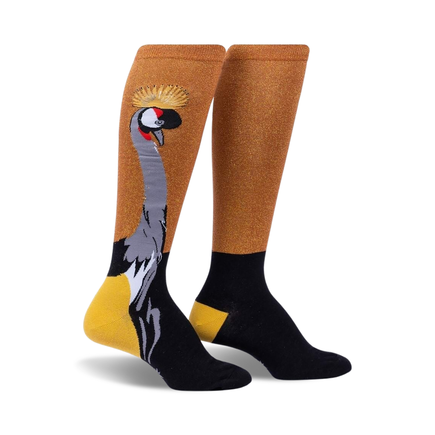 Pair of knee-high socks; gold shimmer, black and mustard yellow accents; crowned crane graphic.