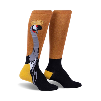 black, gold, and yellow knee-high women's socks with a crowned crane pattern.   