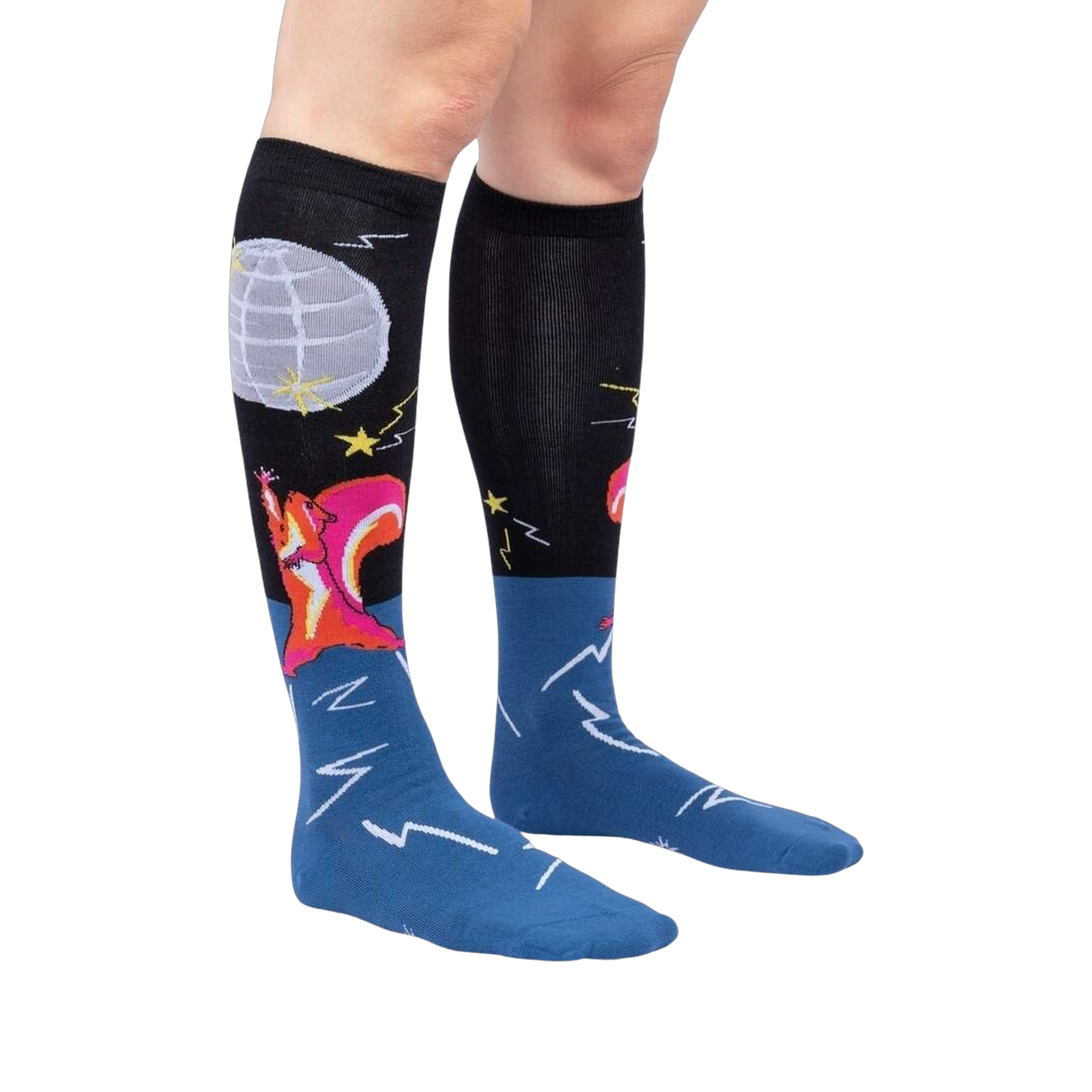 Lifestyle shot: Model wearing Disco Nut! knee-high socks, showcasing the design and fit.