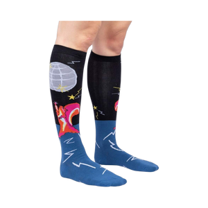 Lifestyle shot: Model wearing Disco Nut! knee-high socks, showcasing the design and fit.