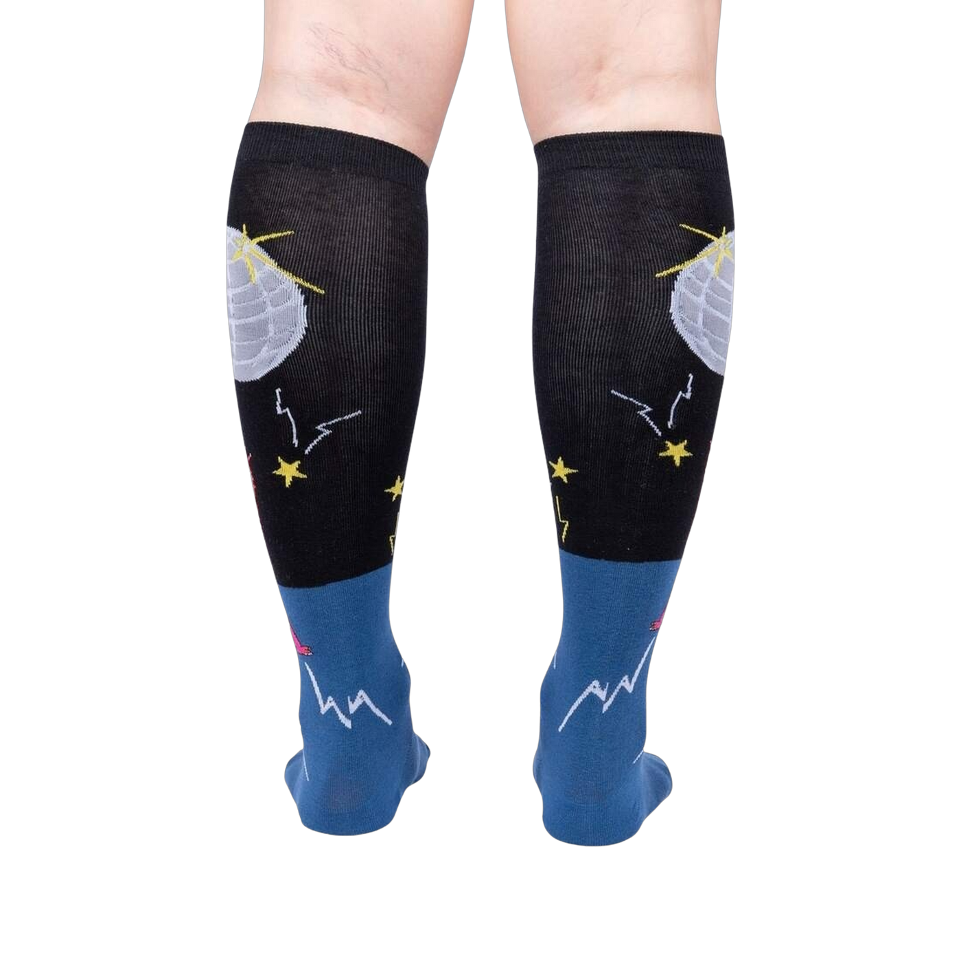 Rear view of Disco Nut! socks on a person's legs; highlighting the full sock design and color scheme.