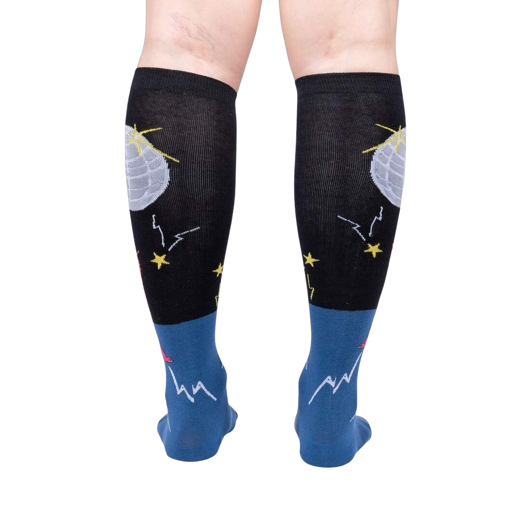 Rear view of Disco Nut! socks on a person's legs; highlighting the full sock design and color scheme.