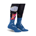 Pair of knee-high socks; black and blue with a dancing squirrel, disco ball, and lightning bolt designs.