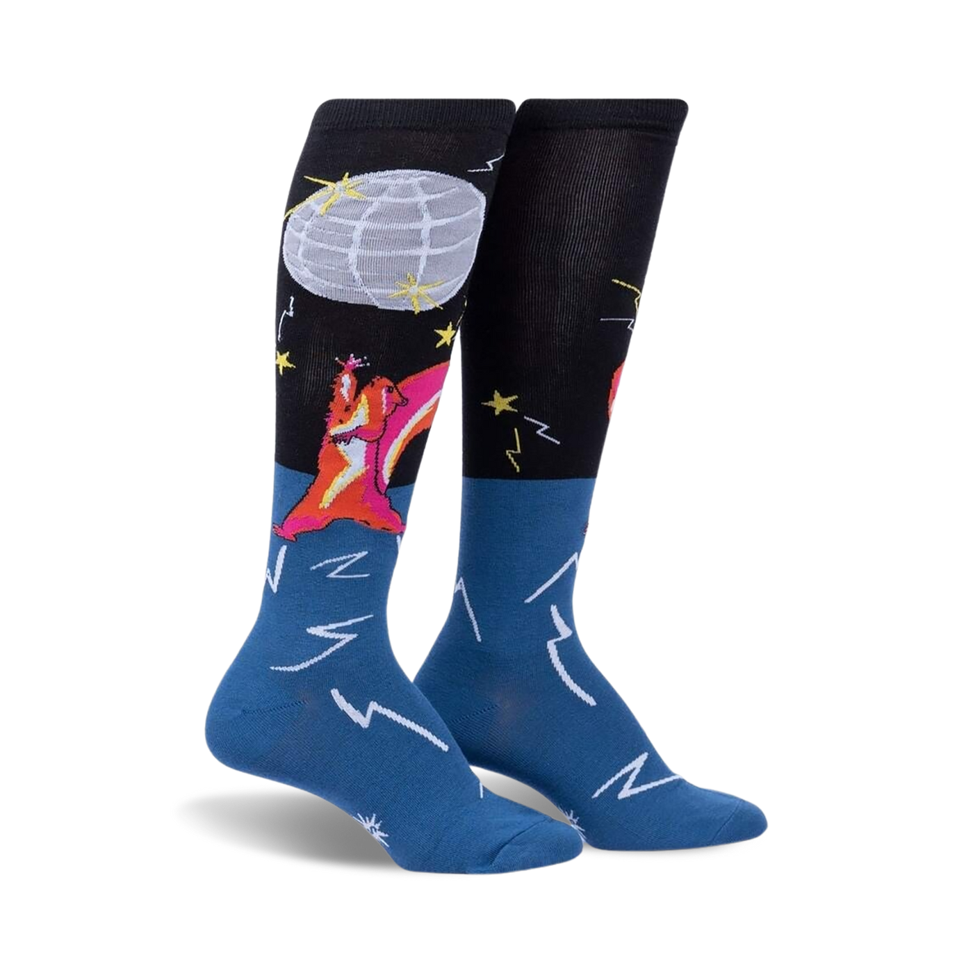 Pair of knee-high socks; black and blue with a dancing squirrel, disco ball, and lightning bolt designs.