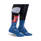 Pair of knee-high socks; black and blue with a dancing squirrel, disco ball, and lightning bolt designs.