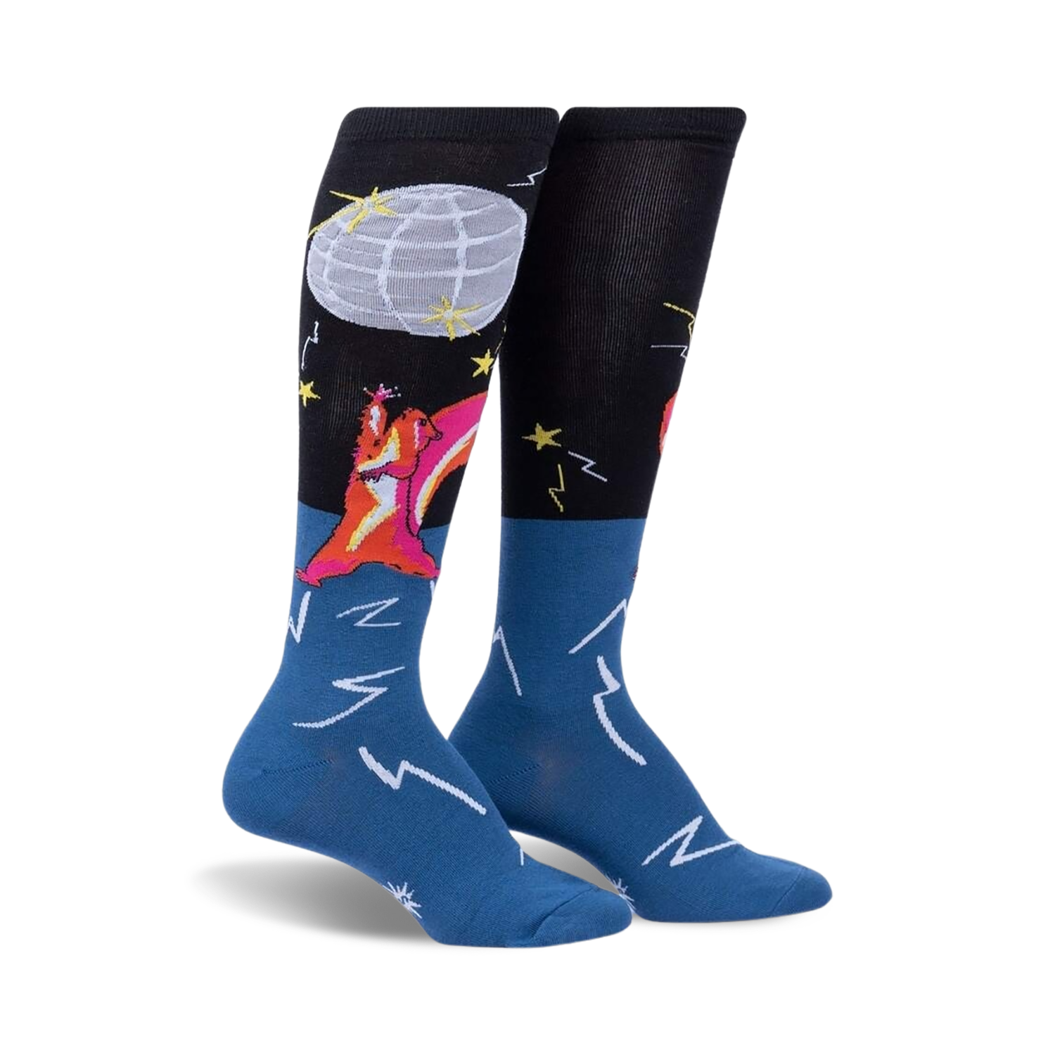 Pair of knee-high socks; black and blue with a dancing squirrel, disco ball, and lightning bolt designs.