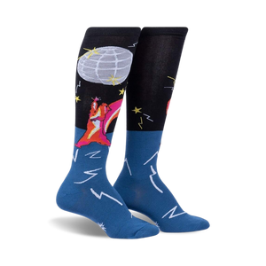 dance like a squirrel with a disco ball helmet in these knee-high women's socks. blue at the bottom, black at the top, with disco stars and lightning bolts.  
