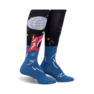 dance like a squirrel with a disco ball helmet in these knee-high women's socks. blue at the bottom, black at the top, with disco stars and lightning bolts.  