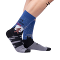 Lifestyle shot: Model wearing the 'Live, Laugh, Lurk' socks, showcasing their fit and design.