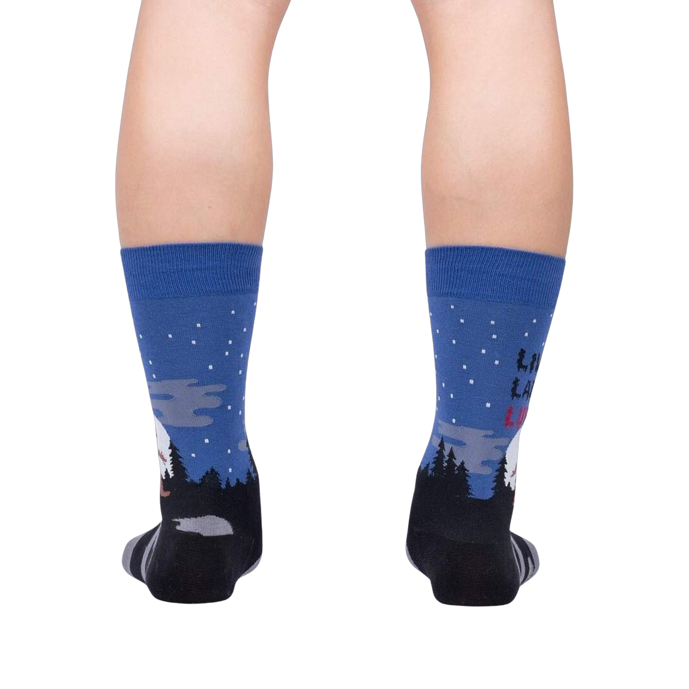Back view of 'Live, Laugh, Lurk' socks on a model's legs, showing the full design from behind.