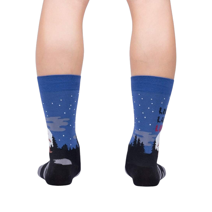 Back view of 'Live, Laugh, Lurk' socks on a model's legs, showing the full design from behind.