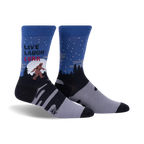 Pair of crew socks in blue, gray, and black, showing a Bigfoot design in a snowy forest scene with the text 'Live, Laugh, Lurk'.