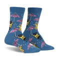 Pair of blue crew socks with a repeating pattern of black cats and dogs in yellow raincoats holding pink umbrellas in the rain.
