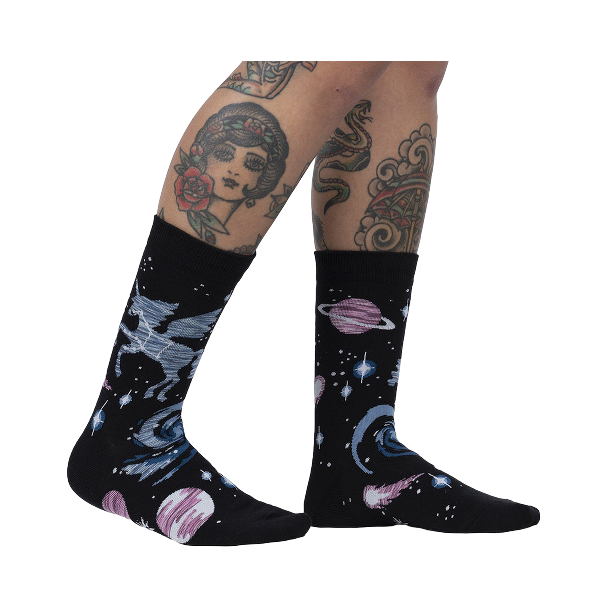 Lifestyle shot of Ancient Pegasus socks on a model's legs, showcasing the sock design and fit.
