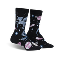 Pair of black crew socks featuring a celestial design with a pegasus, planets, and stars in shades of blue, pink, and white.