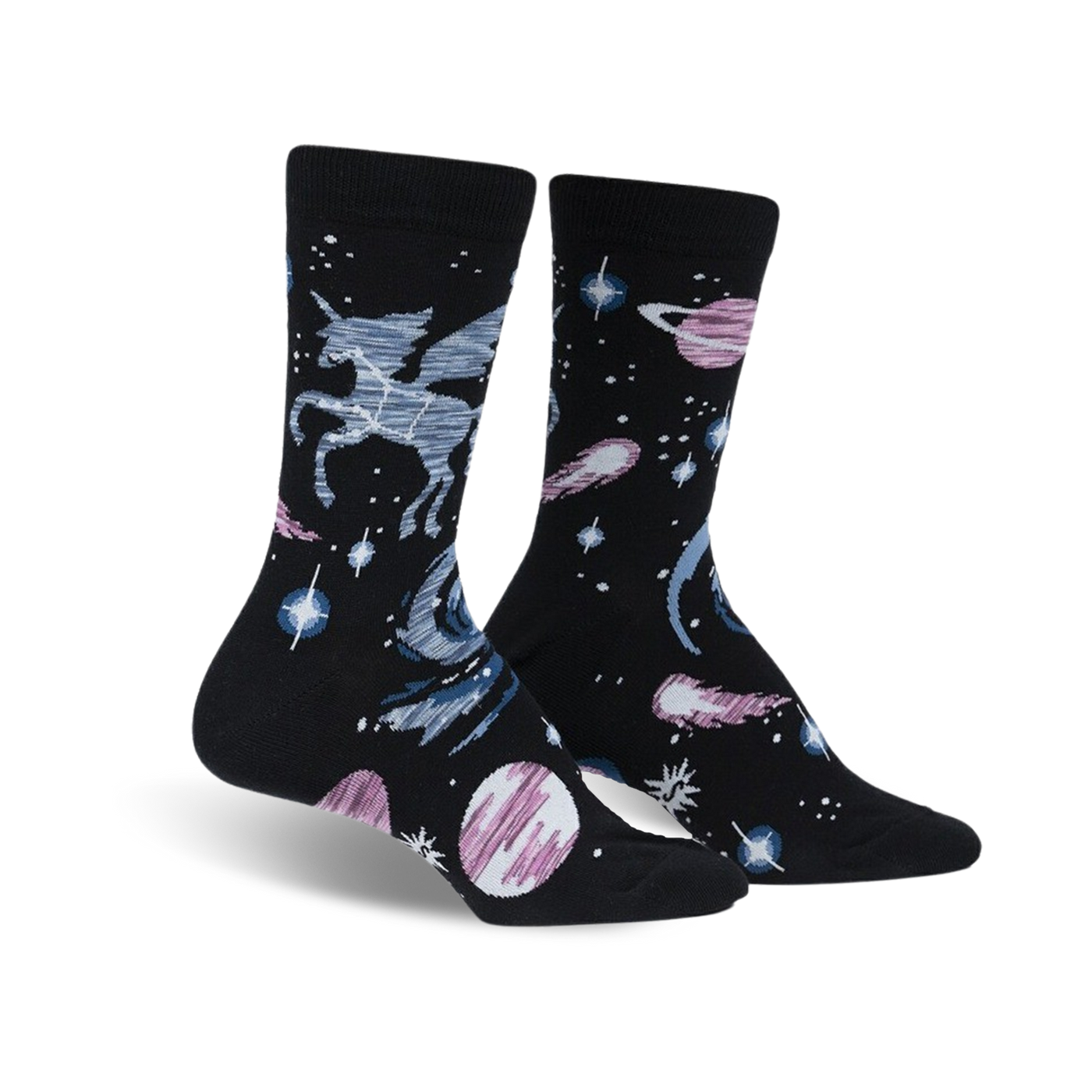 Pair of black crew socks featuring a celestial design with a pegasus, planets, and stars in shades of blue, pink, and white.