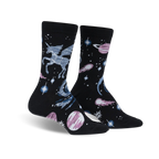 Pair of black crew socks featuring a celestial design with a pegasus, planets, and stars in shades of blue, pink, and white.