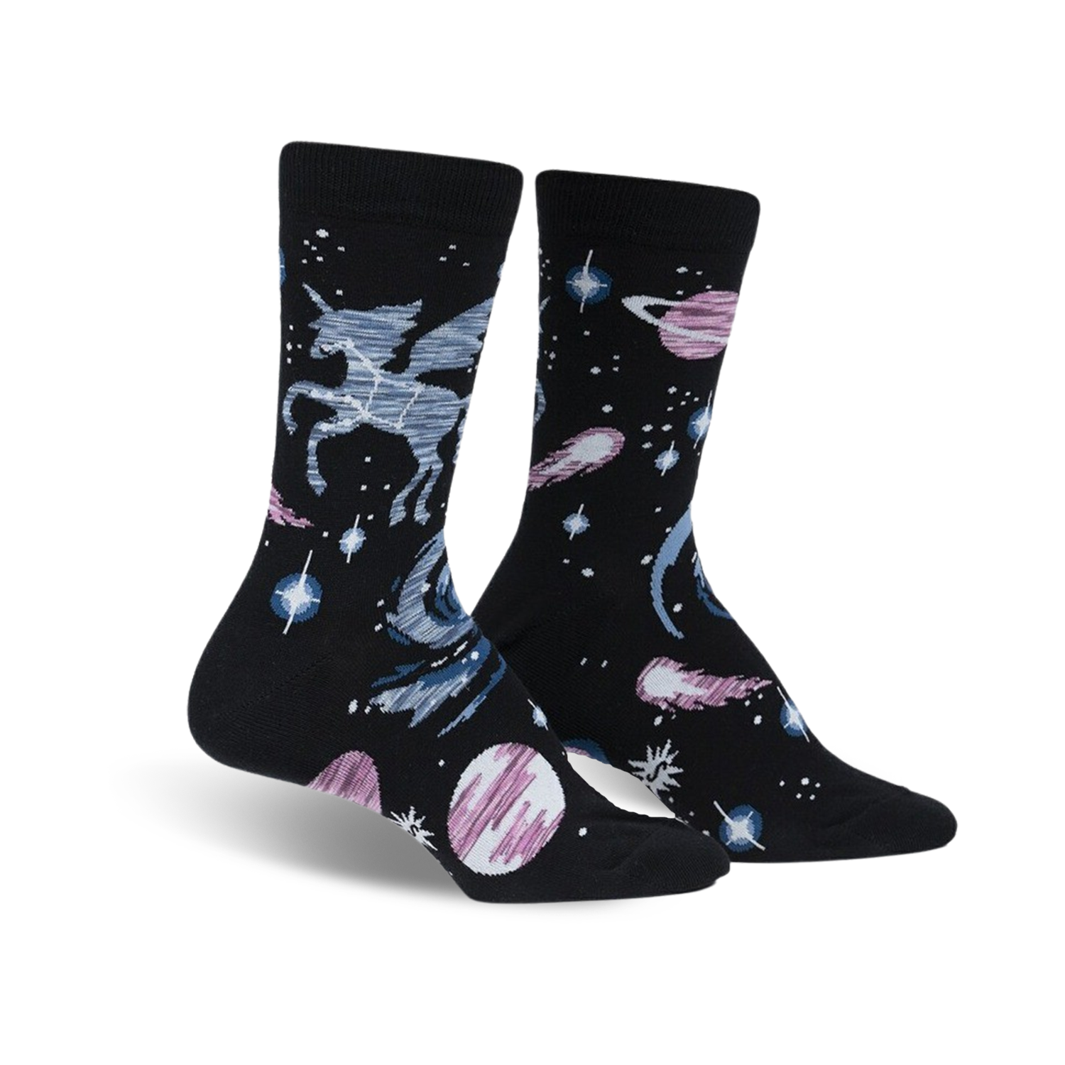 Pair of black crew socks featuring a celestial design with a pegasus, planets, and stars in shades of blue, pink, and white.