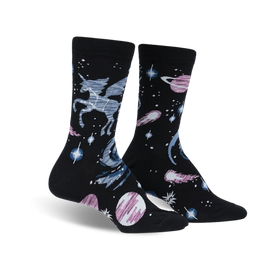 black crew socks with white, blue, and pink pattern of pegasus, stars, planets, and comets.   