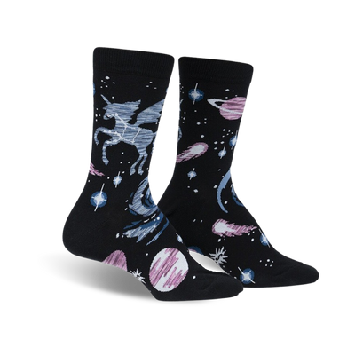 black crew socks with white, blue, and pink pattern of pegasus, stars, planets, and comets.   