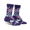 Purple crew socks featuring a mermaid and narwhals in pink, teal, and white.  Fun, illustrated style.