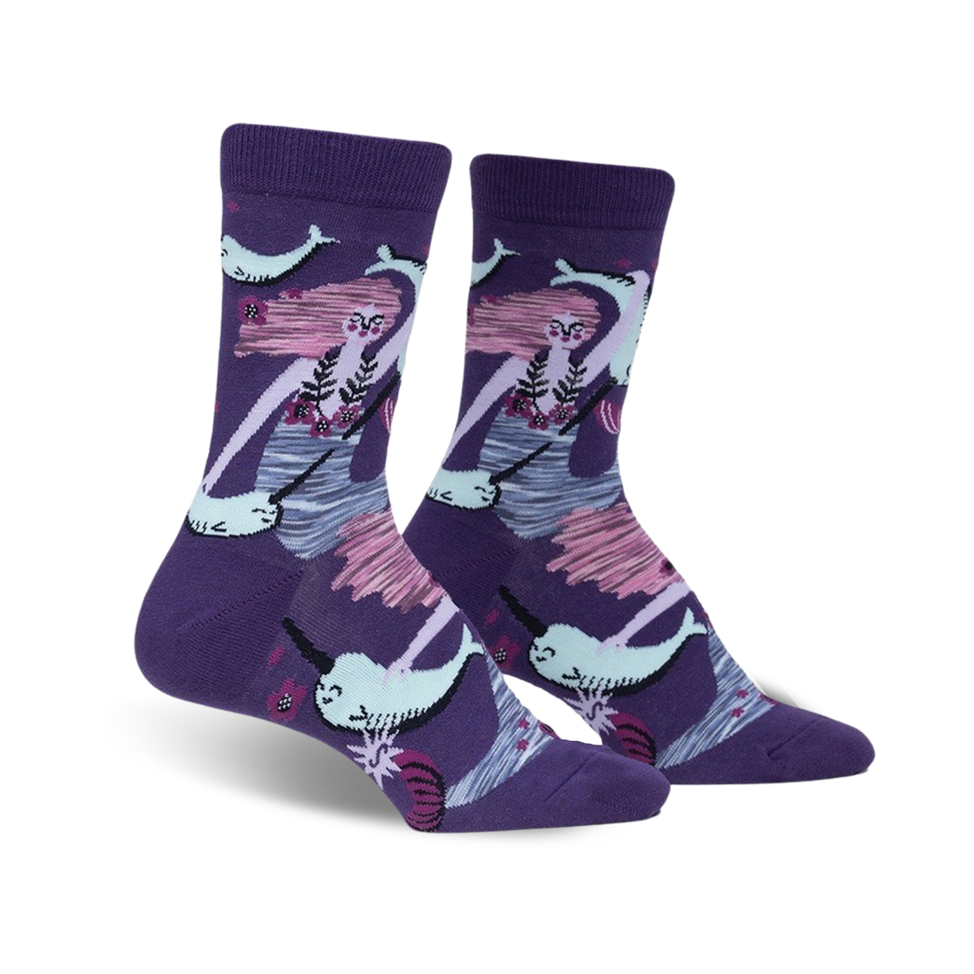 Purple crew socks featuring a mermaid and narwhals in pink, teal, and white.  Fun, illustrated style.