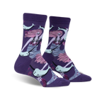 Purple crew socks featuring a mermaid and narwhals in pink, teal, and white.  Fun, illustrated style.