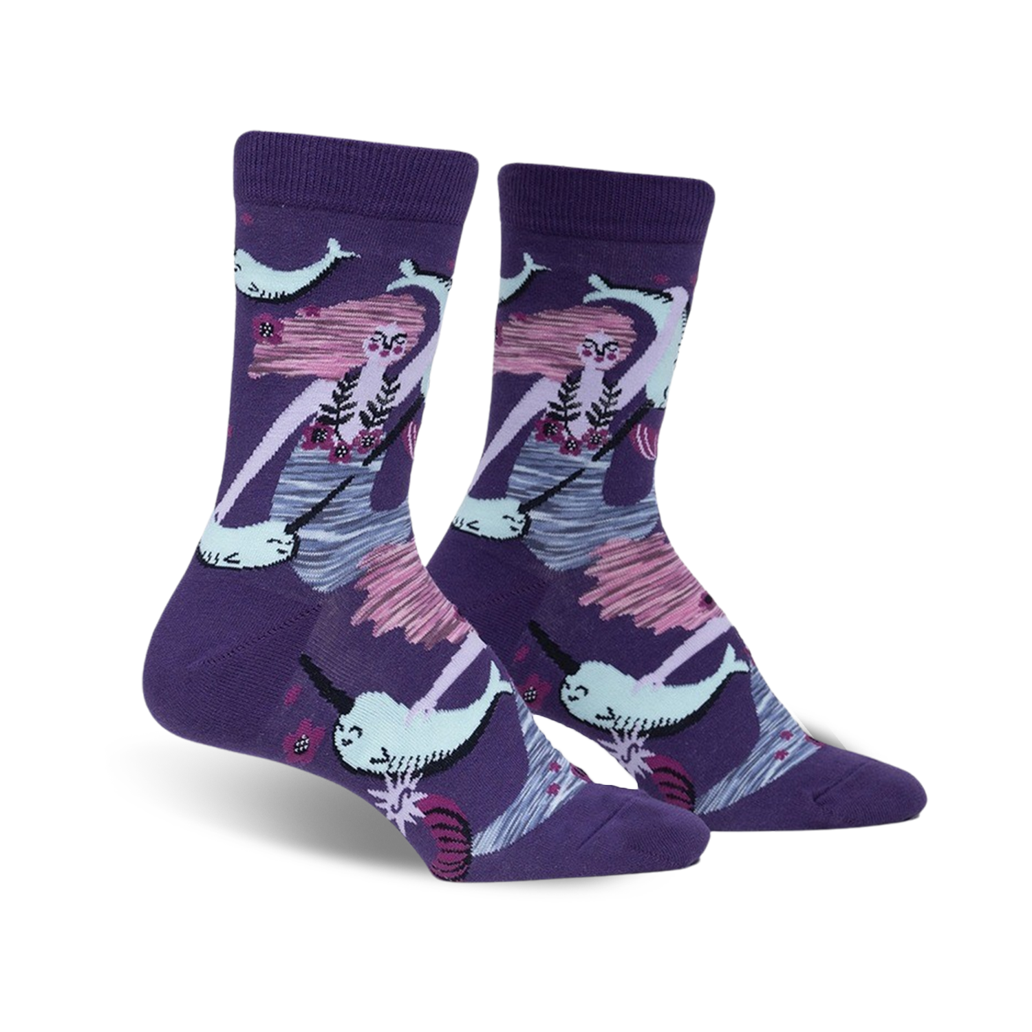 Purple crew socks featuring a mermaid and narwhals in pink, teal, and white.  Fun, illustrated style.