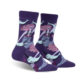 purple crew socks with pink-haired mermaids, green and pink flower crowns, grey and white narwhals with pink tusks, and a pink and white wave pattern. for women.  