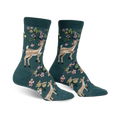 Pair of teal crew socks featuring a whimsical design of deer and pink flowers. 