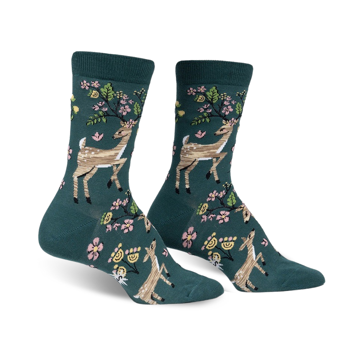 Pair of teal crew socks featuring a whimsical design of deer and pink flowers. 