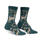 Pair of teal crew socks featuring a whimsical design of deer and pink flowers. 