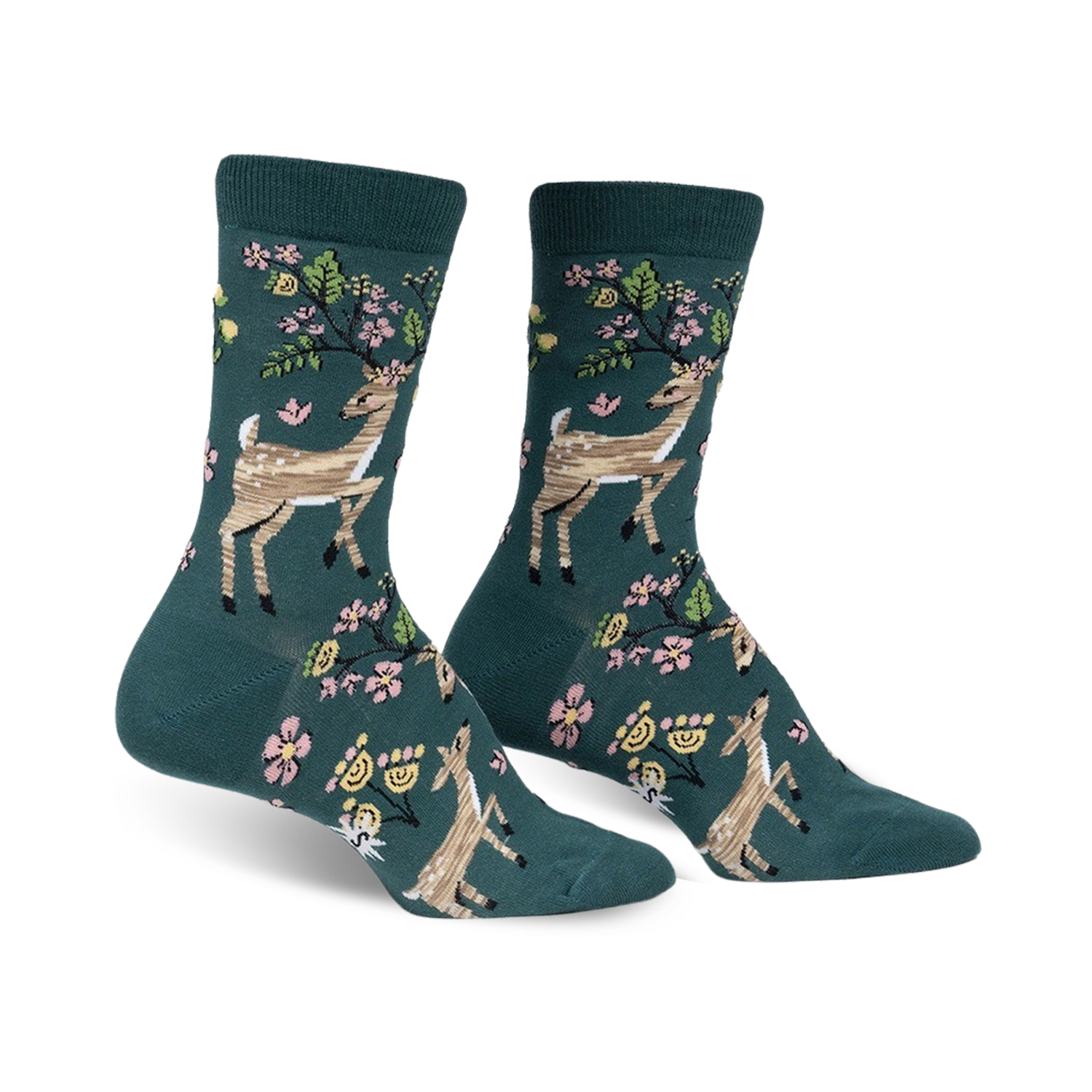 Pair of teal crew socks featuring a whimsical design of deer and pink flowers. 